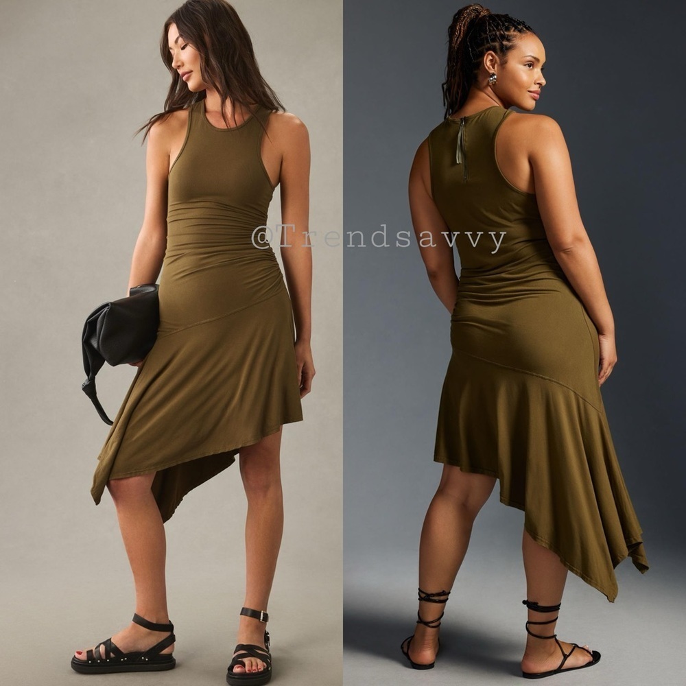 Anthropologie Daily Practice Olive Green Ruched Asymmetrical Midi Dress Size S